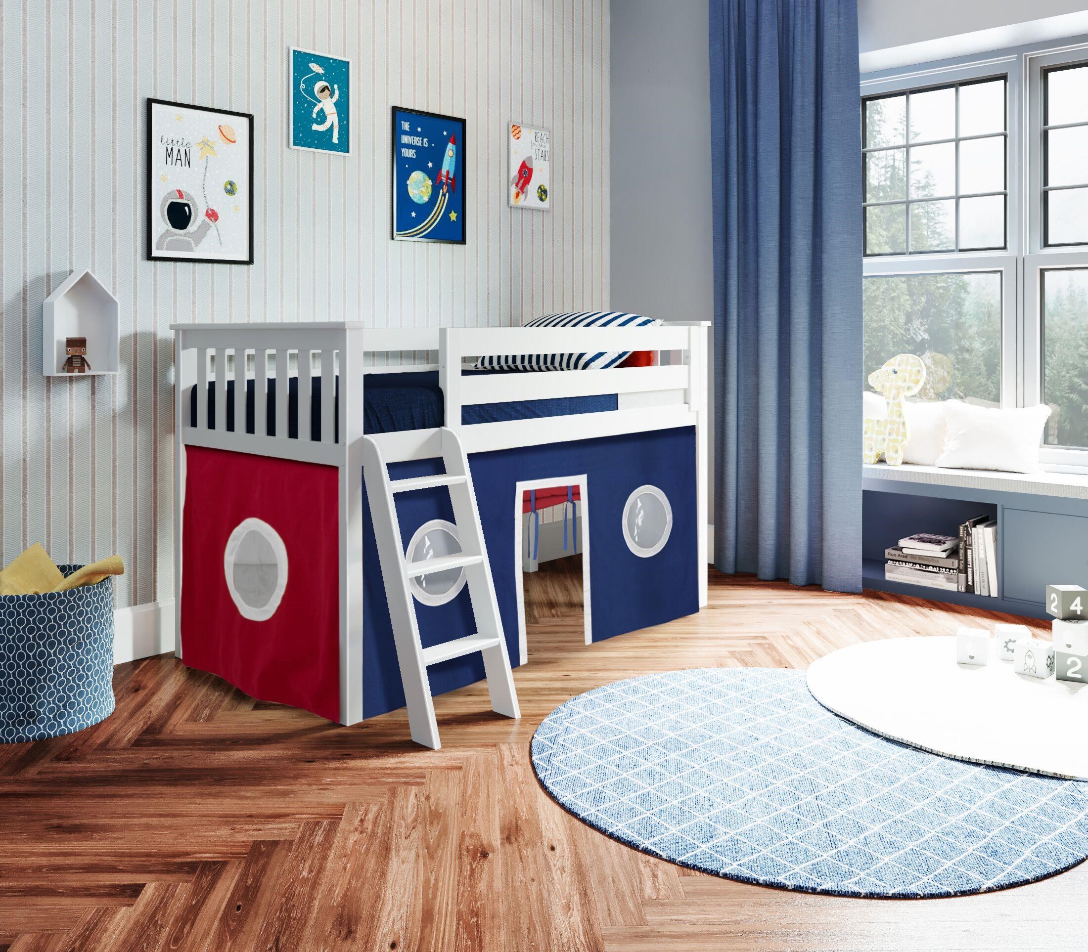 Jackpot Kids Loft Beds York2 001 York 2 Low Loft Bed in Natural w Angle Ladder w Curtain in Blue Red White Belfort Furniture Loft Beds